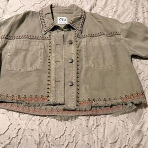 Zara Khaki Embroidered Jean Jacket